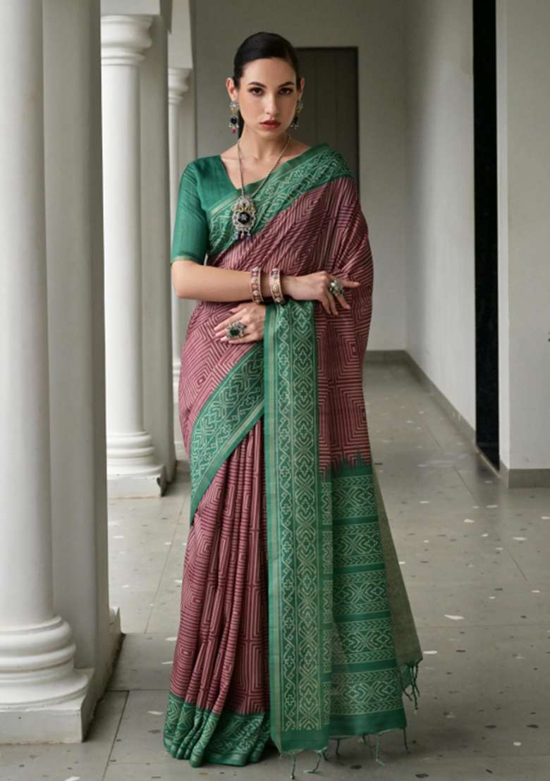 Wine Faux Tussar Silk Saree Set with Printed for Diwali | Wedding & Festive Wear - Indya