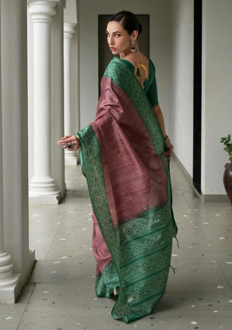 Wine Printed Faux Tussar Silk Saree Set - Indya