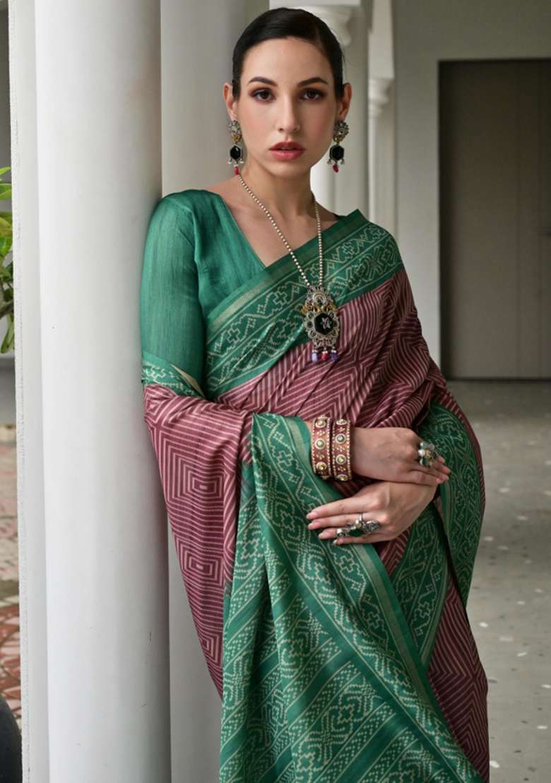 Wine Faux Tussar Silk Saree Set with Printed for Diwali | Wedding & Festive Wear - Indya