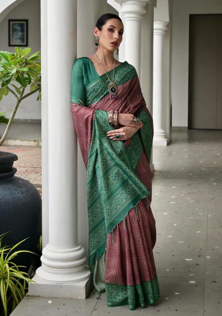 Wine Printed Faux Tussar Silk Saree Set - Indya