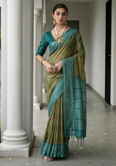 Green Printed Faux Tussar Silk Saree Set