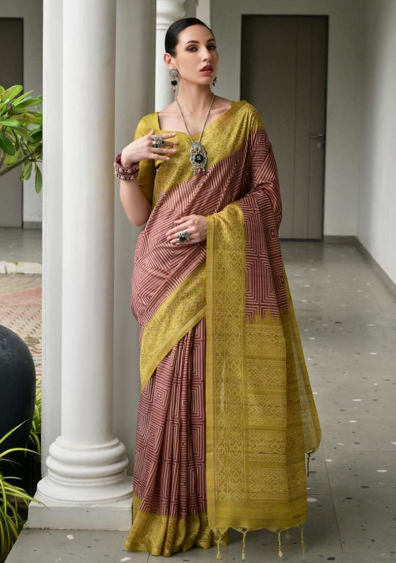 Brown Printed Faux Tussar Silk Saree Set for Diwali and Festive Wear - Indya