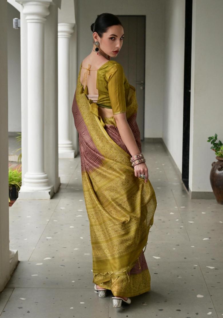 Brown Printed Faux Tussar Silk Saree Set - Indya