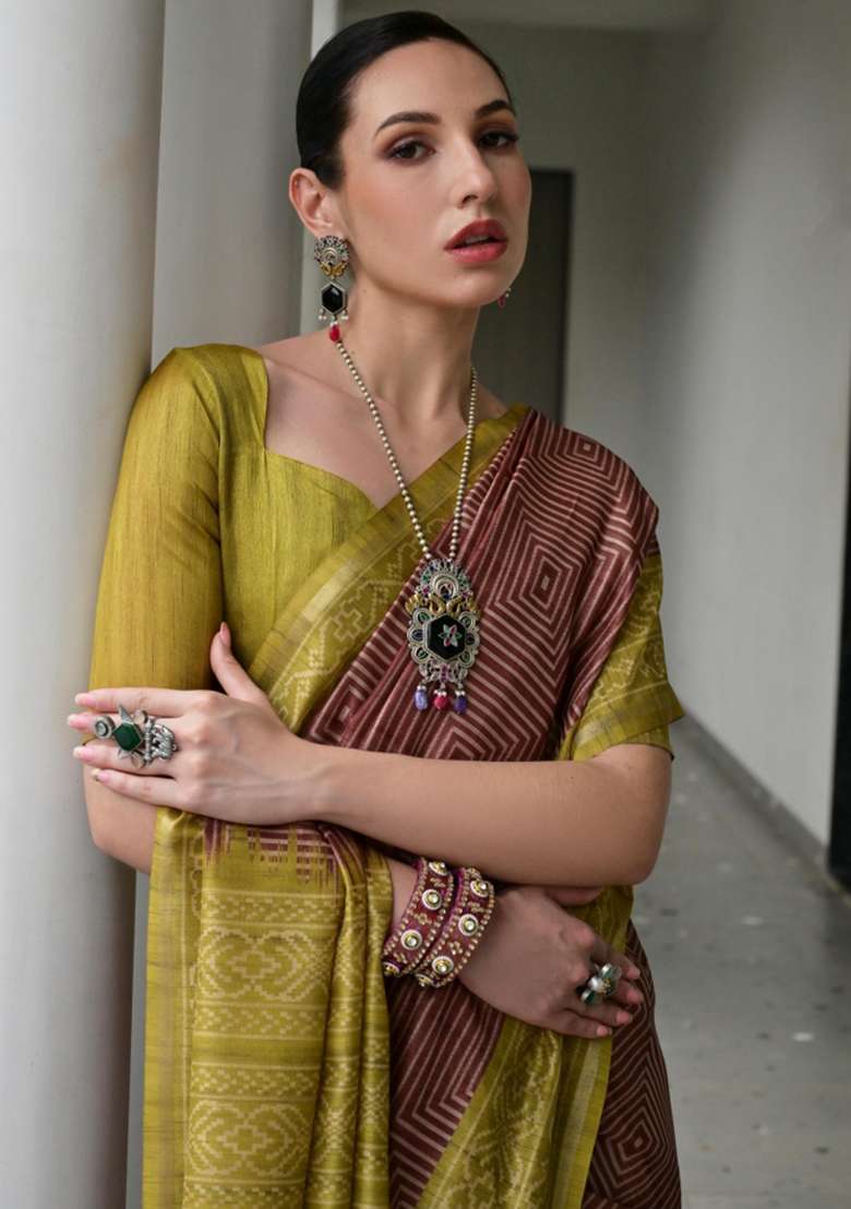 Brown Printed Faux Tussar Silk Saree Set for Diwali and Festive Wear - Indya