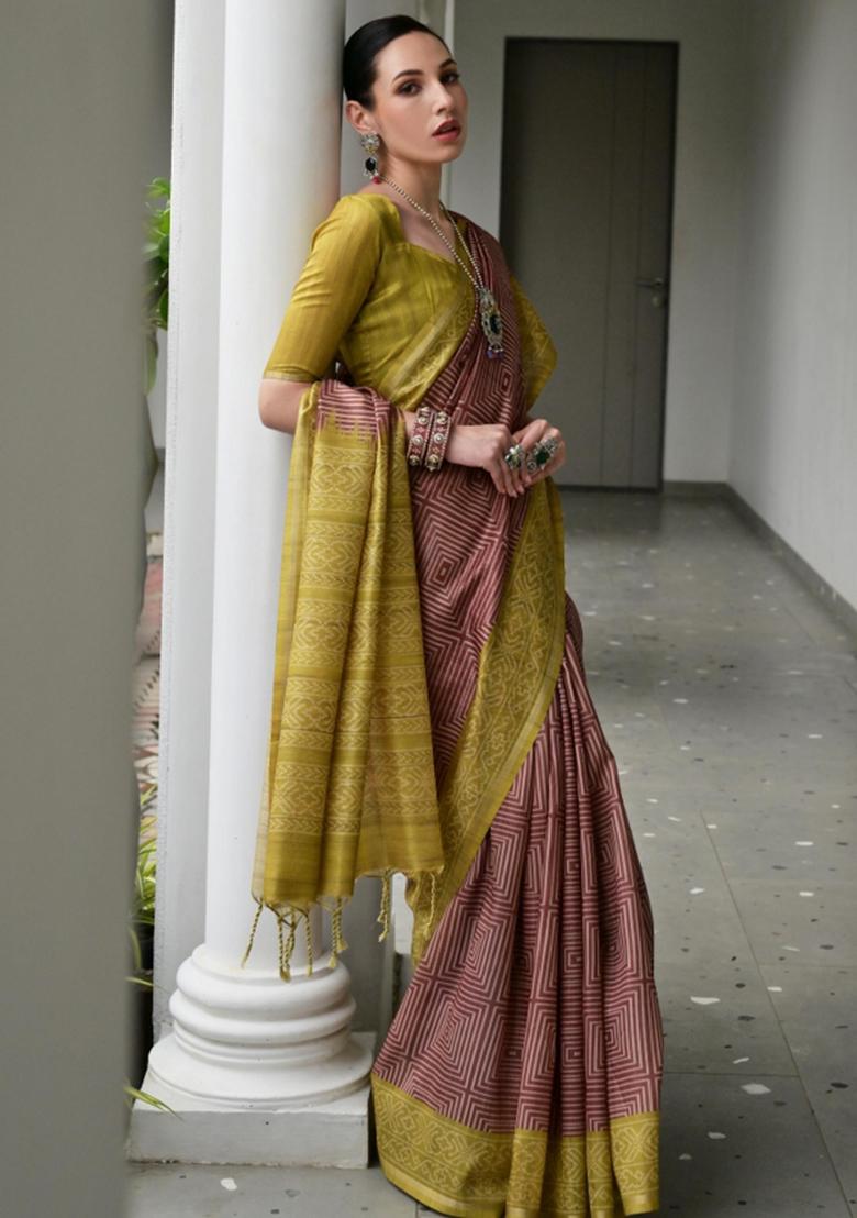Brown Printed Faux Tussar Silk Saree Set - Indya