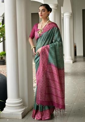 Green Printed Faux Tussar Silk Saree Set