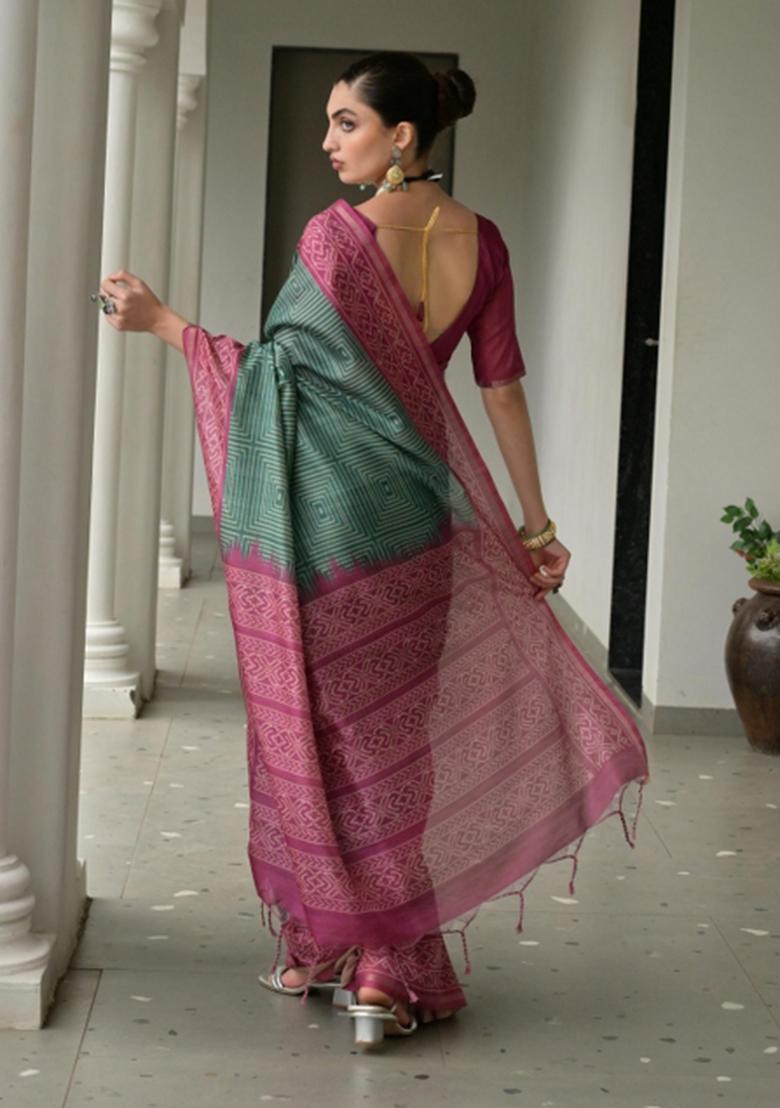 Green Printed Faux Tussar Silk Saree Set - Indya