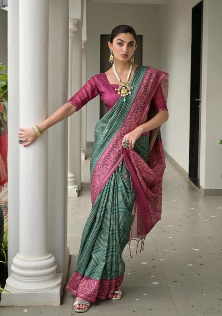 Green Printed Faux Tussar Silk Saree Set - Indya