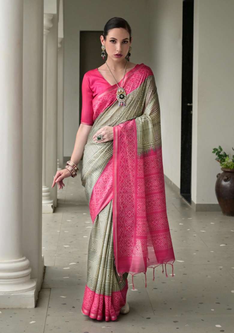 Grey Printed Faux Tussar Silk Saree Set for Diwali and Festive Wear - Indya