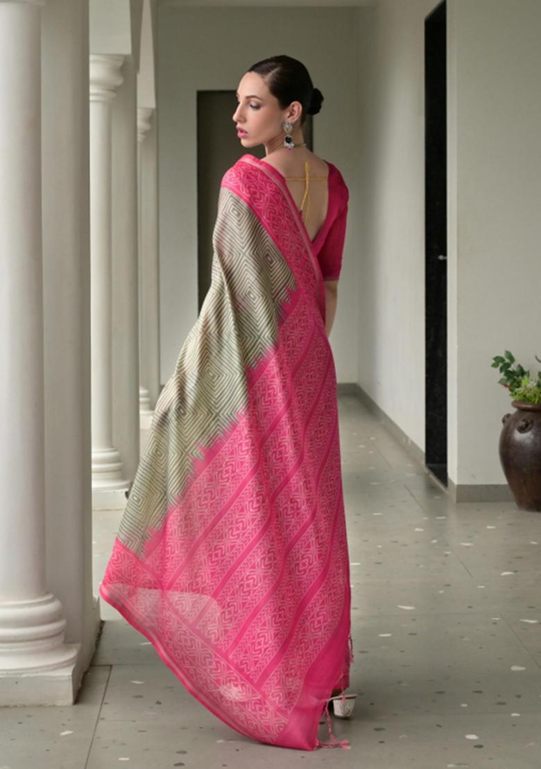 Grey Printed Faux Tussar Silk Saree Set - Indya