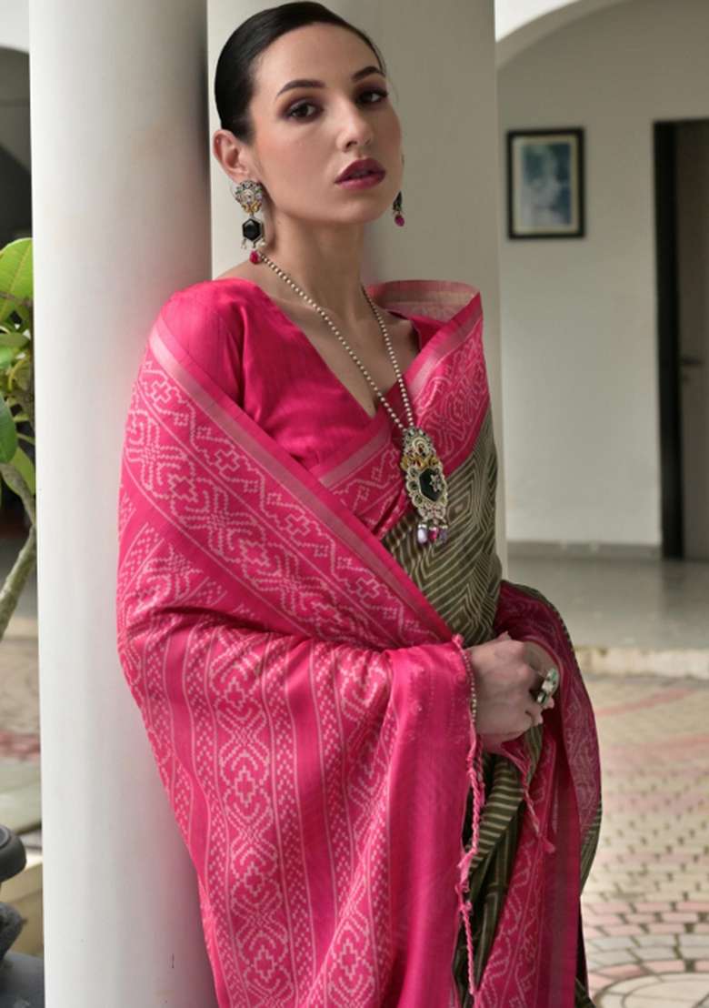 Grey Printed Faux Tussar Silk Saree Set for Diwali and Festive Wear - Indya