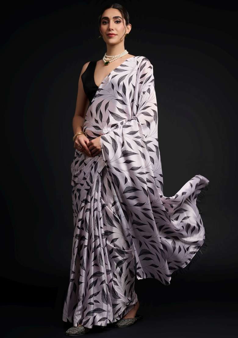 White Printed Chiffon Saree Set for Diwali and Festive Wear - Indya