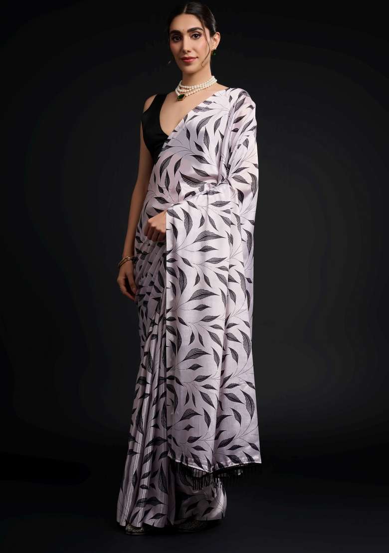 White Printed Chiffon Saree Set for Diwali and Festive Wear - Indya