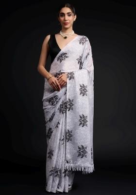 White Printed Chiffon Saree Set