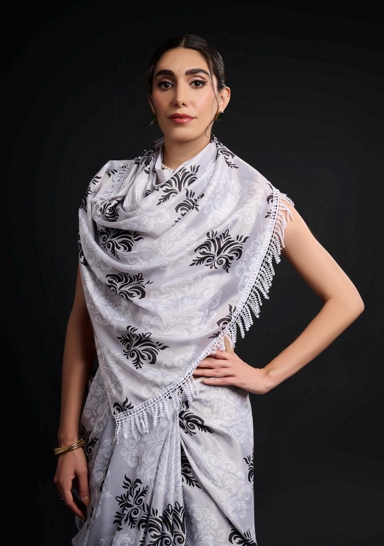 White Printed Chiffon Saree Set - Indya