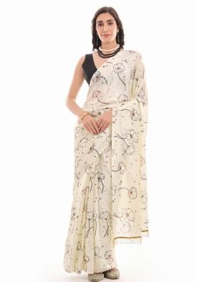 Cream Printed Chiffon Saree Set