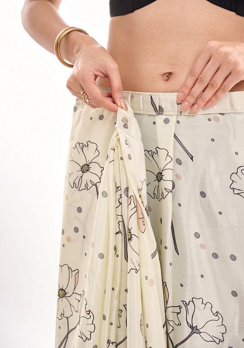 Cream Printed Chiffon Saree Set - Indya