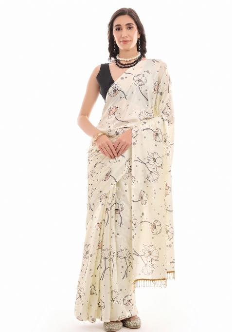 Cream Printed Chiffon Saree Set