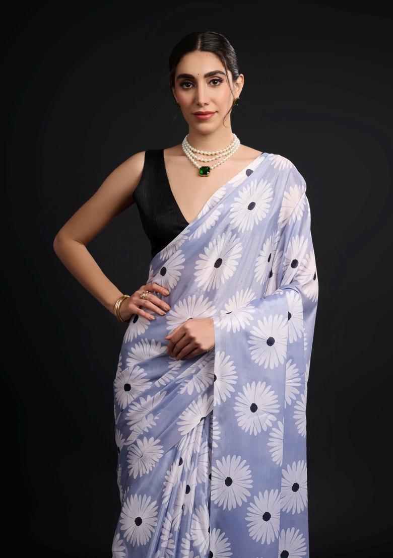 Blue Printed Chiffon Saree Set - Indya