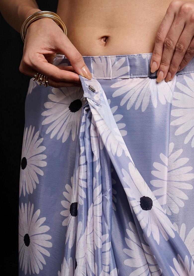 Blue Printed Chiffon Saree Set - Indya