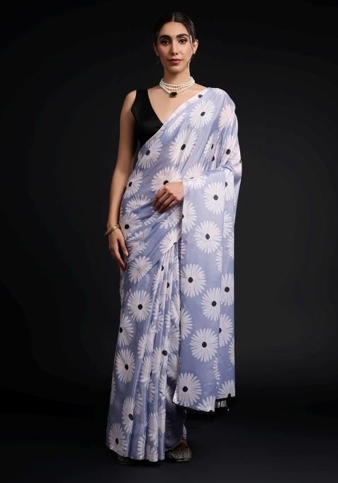 Blue Printed Chiffon Saree Set