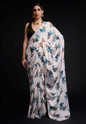 White Printed Chiffon Saree Set