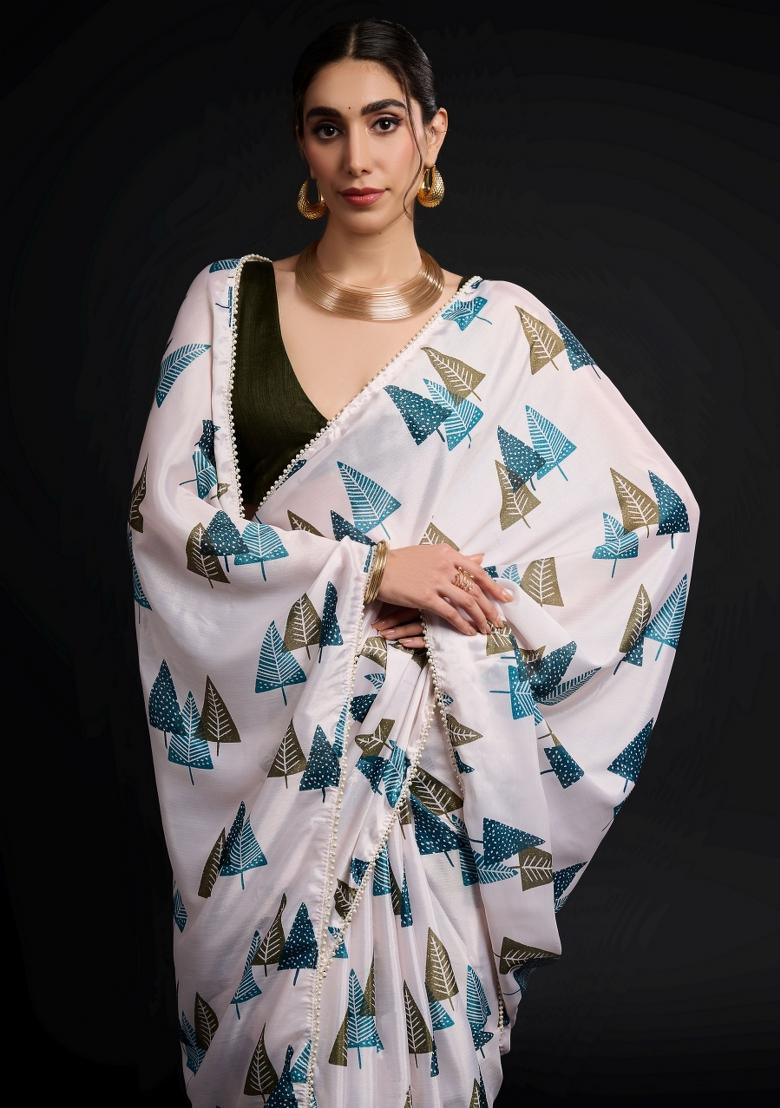 White Printed Chiffon Saree Set - Indya