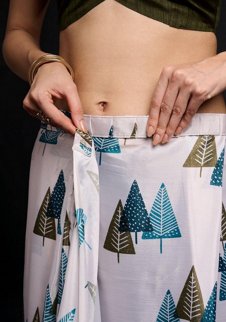 White Printed Chiffon Saree Set - Indya