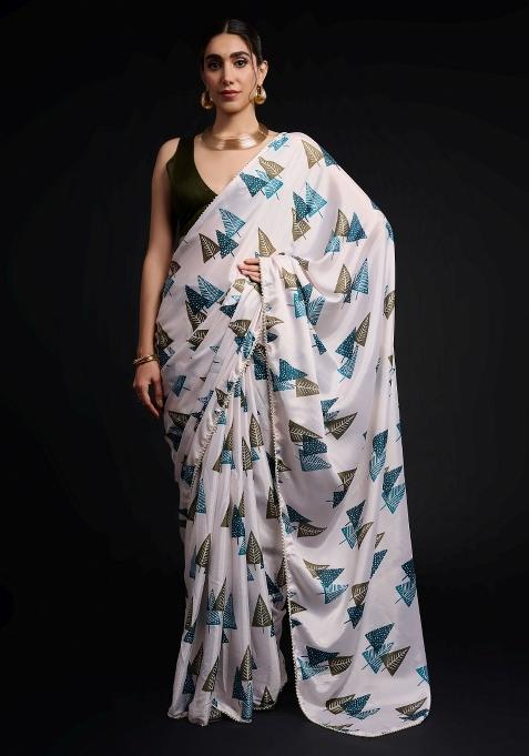 White Printed Chiffon Saree Set