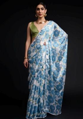 Blue Printed Chiffon Saree Set
