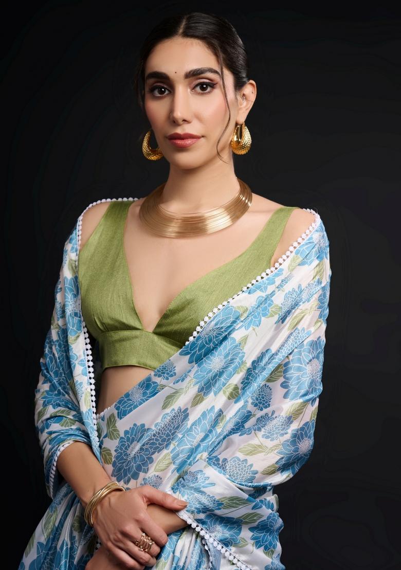 Blue Printed Chiffon Saree Set - Indya