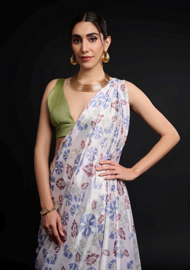 White Printed Chiffon Saree Set - Indya