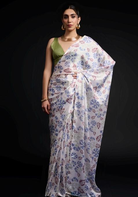 White Printed Chiffon Saree Set