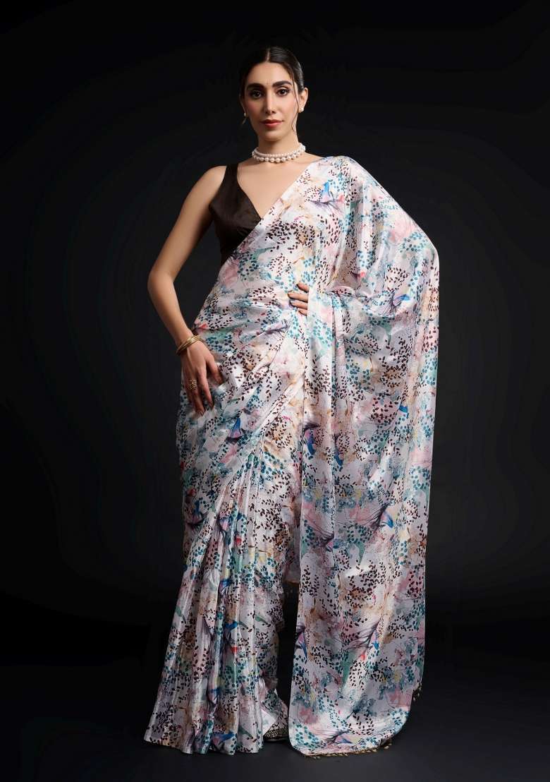 Multicolor Chiffon Saree Set with Printed for Diwali | Wedding & Festive Wear - Indya