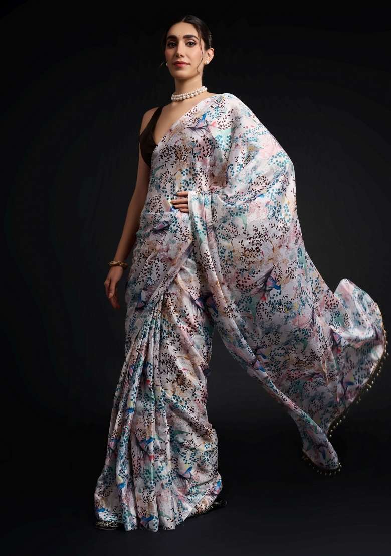 Multicolor Chiffon Saree Set with Printed for Diwali | Wedding & Festive Wear - Indya