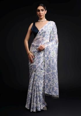 Blue Printed Chiffon Saree Set