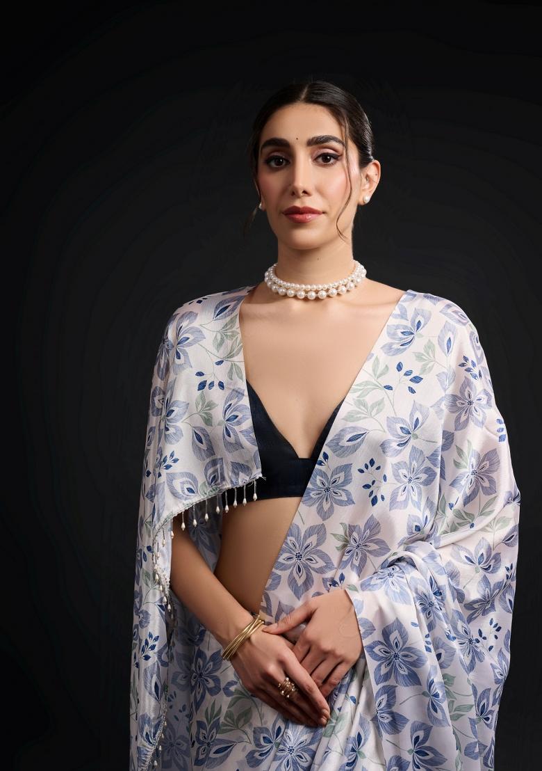 Blue Printed Chiffon Saree Set - Indya