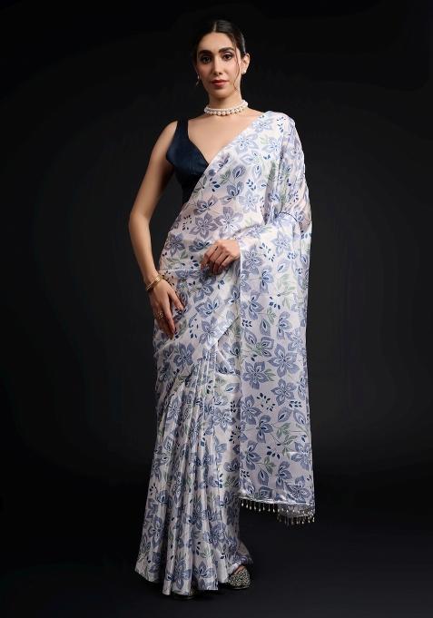 Blue Printed Chiffon Saree Set