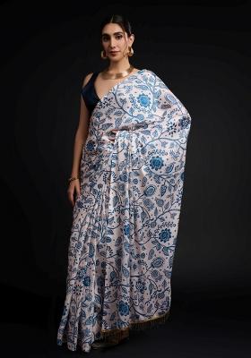Blue Printed Chiffon Saree Set