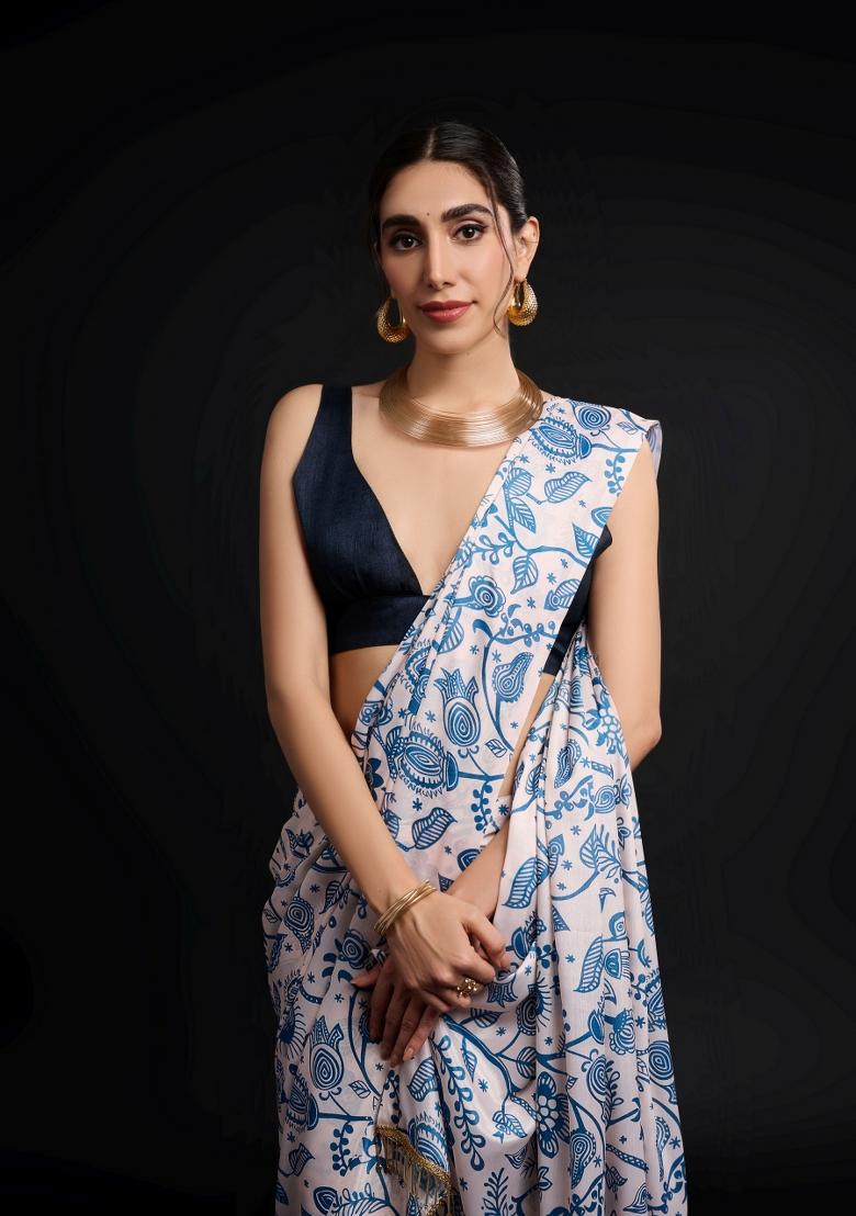 Blue Printed Chiffon Saree Set - Indya