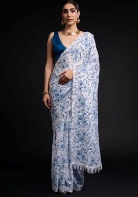 White Printed Chiffon Saree Set