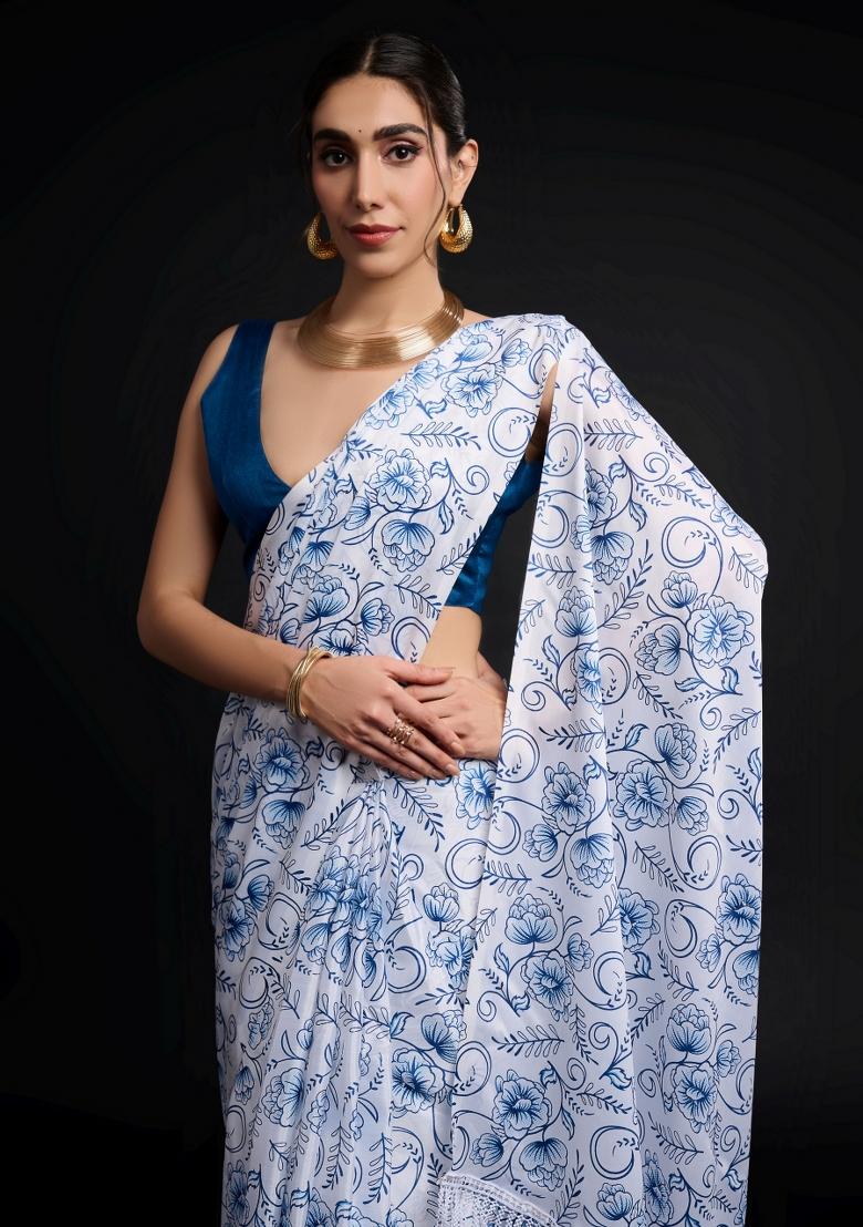White Printed Chiffon Saree Set - Indya
