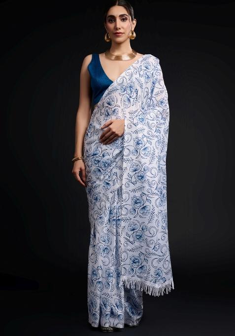 White Printed Chiffon Saree Set