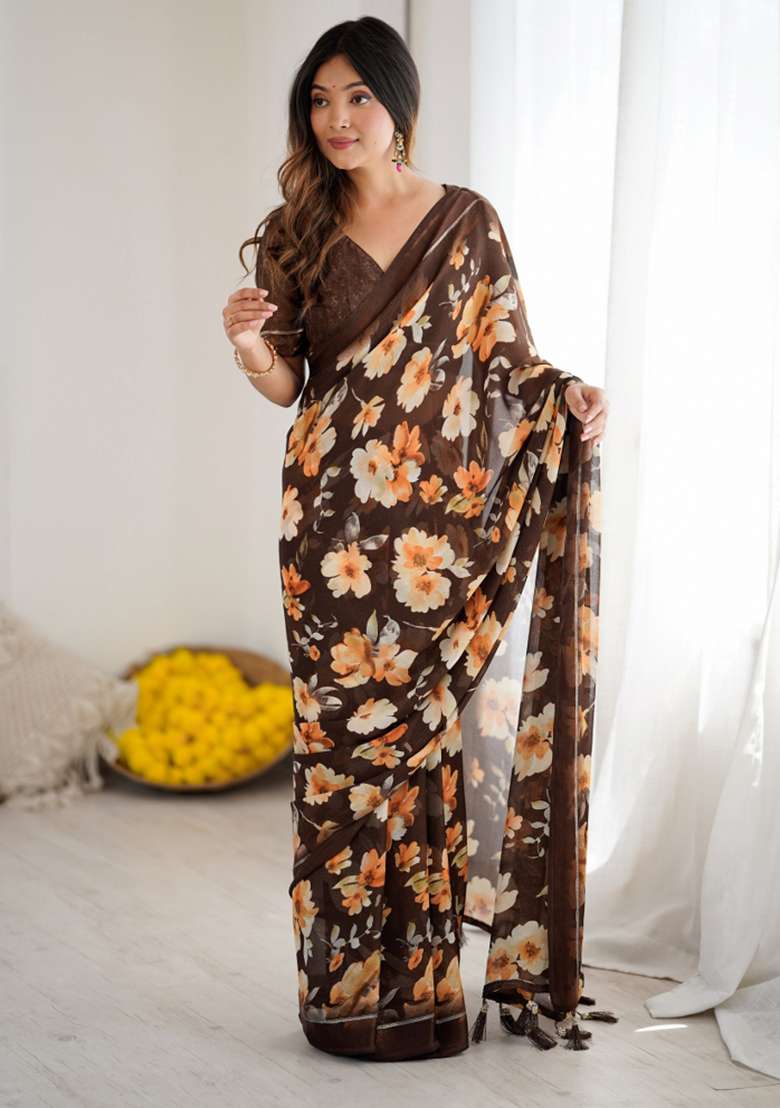 Coffee Printed Art Silk Saree Set for Diwali and Festive Wear - Indya