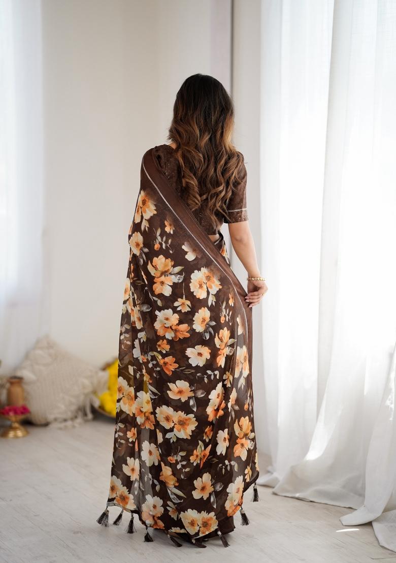 Coffee Printed Art Silk Saree Set - Indya
