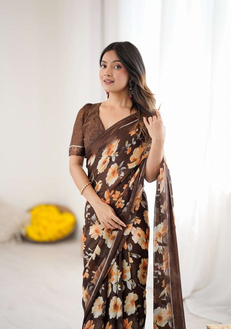 Coffee Printed Art Silk Saree Set for Diwali and Festive Wear - Indya