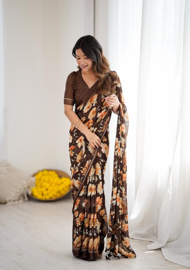 Coffee Printed Art Silk Saree Set - Indya