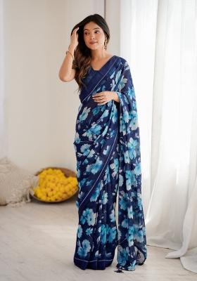 Blue Printed Art Silk Saree Set