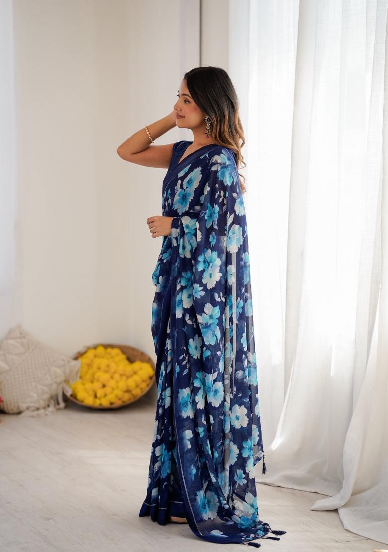 Blue Printed Art Silk Saree Set - Indya
