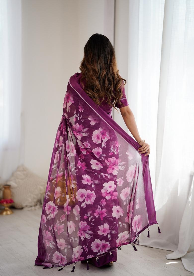 Purple Printed Art Silk Saree Set - Indya